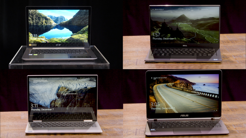 The contenders, clockwise starting with top left: Acer Swift 3, Dell XPS 13, Asus Zenbook Flip, Lenovo Yoga 720. Image: Eleanor Fye/Gizmodo